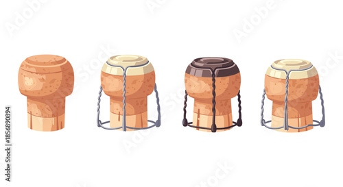 Set of four champagne corks with wire cages, isolated on white background