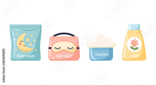 Cute skincare products collection with night cream, eye cream, cleansers, and serum