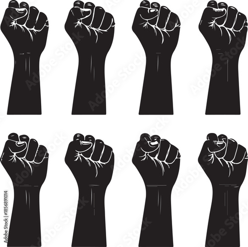 Raised fists in solidarity and protest with black background