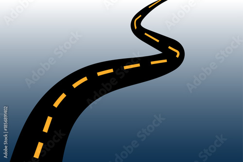 Winding road with yellow dashed lines on dark blue gradient background, vision and journey concept.
