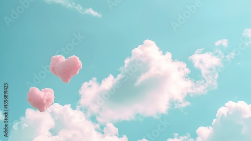 Valentine's Day Light Blue Sky Background, Fluffy Pink Heart-Shaped Clouds with Soft Cotton-Like Texture, Gentle Dreamy Romantic Atmosphere