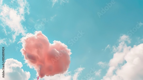 Valentine's Day Light Blue Sky Background, Fluffy Pink Heart-Shaped Clouds with Soft Cotton-Like Texture, Gentle Dreamy Romantic Atmosphere