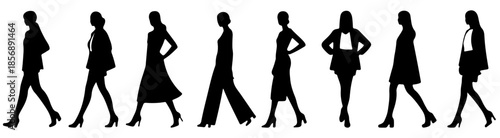 Woman Fashion Vector, Walking People Silhouette Vector Set – Male and Female Human Figures in Motion, Minimal Urban Lifestyle Crowd Illustration, silhouette, woman, fashion, girls, group, model, dress