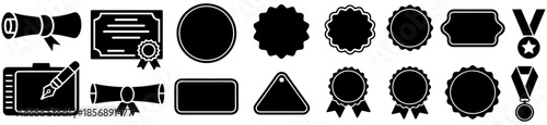 Award Badge and Certificate Silhouette Vector Set – Black Prize Labels, Ribbons, Medals, Seals and Diploma Icons Collection for Achievement, Quality and Warranty Design