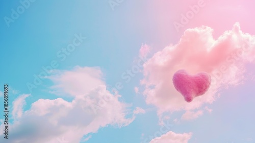 Valentine's Day Light Blue Sky Background, Fluffy Pink Heart-Shaped Clouds with Soft Cotton-Like Texture, Gentle Dreamy Romantic Atmosphere