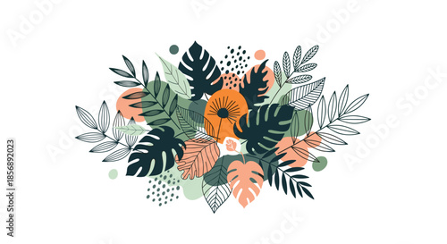 Modern tropical leaf arrangement featuring monstera and palm fronds in muted green, orange, and black colors on a white background.