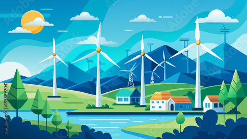 Modern vector illustration of wind turbines generating clean renewable energy.
