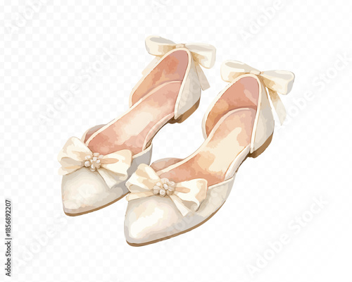 Romantic bridal ballet flats with satin bows and delicate floral details in soft ivory pastel tones, elegant feminine wedding footwear design. Vector illustration