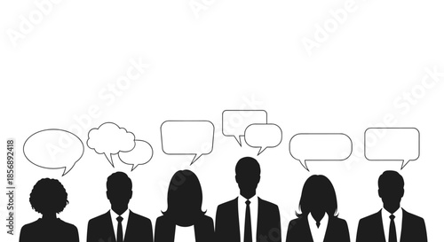 Silhouettes of business professionals in suits with various blank speech and thought bubbles above their heads on a white backdrop.