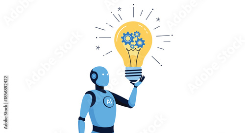 Robot character holding a glowing yellow light bulb with gear icons inside representing artificial intelligence and creative ideas.