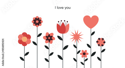 Cute floral garden illustration with various stylized flowers and a heart-shaped bloom under I love you text on white background.