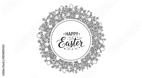 Detailed circular Easter wreath made of hand-drawn flowers and patterned eggs with Happy Easter text in the center on white.