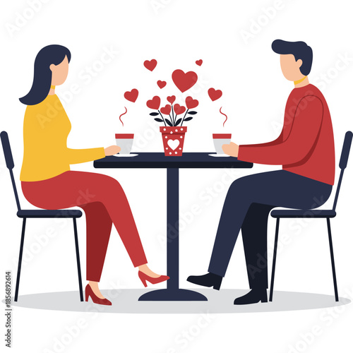 Romantic Couple on a Coffee Date, Heart-Shaped Decorations, Intimate Atmosphere, Love and Romance