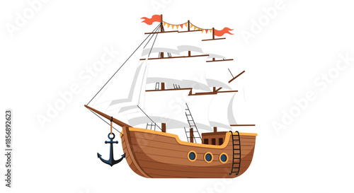 Classic wooden sailing ship illustration with white sails, red flags, and a dark blue anchor on a plain white background design.