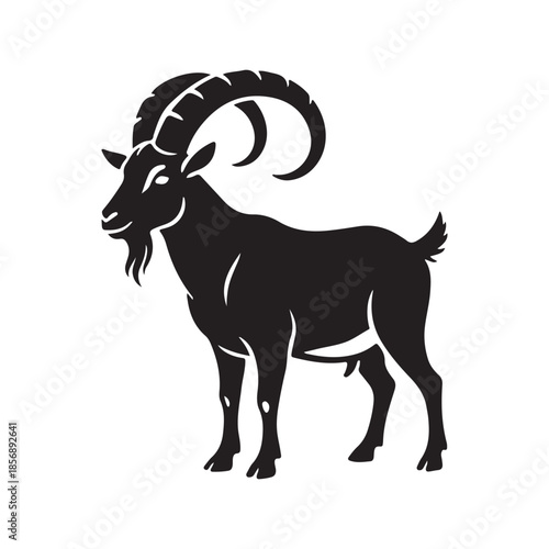Stylized mountain goat black silhouette long curved horns logo