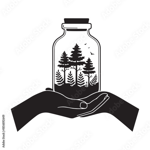 Hands holding bottle terrarium forest nature conservation symbol