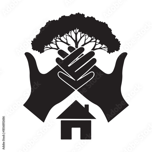 Hands protecting tree and house environment real estate symbol
