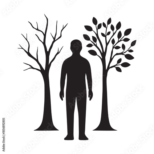 Man between living and dead tree symbolizing choice and balance