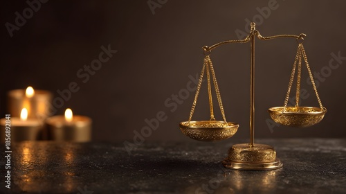 Golden Justice Scales and Lit Candles on Dark Background, Symbolism of Law.