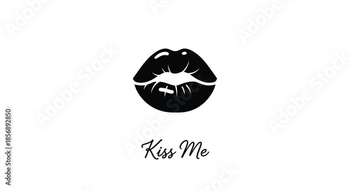 Classic black silhouette of human lips with a stylish handwritten kiss me message below it on a stark white background for romantic designs.