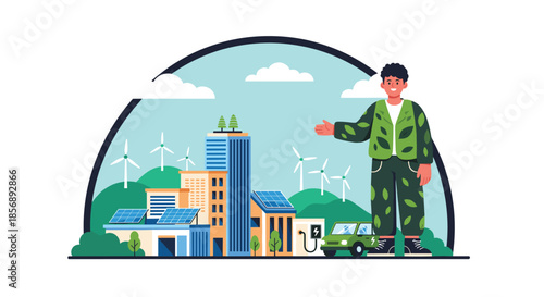 Sustainable green city illustration features wind turbines, solar panels, an electric car, and a person wearing a leaf patterned jacket.