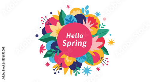 Vibrant hello spring greeting card features a central pink circle with text surrounded by a lush and colorful botanical flower arrangement.
