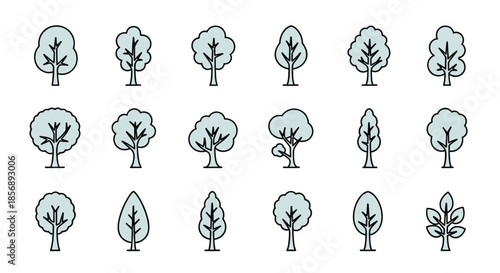 Grid of stylized tree icons in various shapes and silhouettes presented in a light blue and green color scheme for environmental designs.