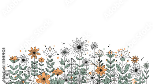 Charming border of hand drawn flowers and plants with orange and green accents along the bottom edge of a clean white background layout.