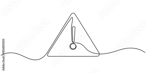 Dangerous sign continuous one line drawing. Vector outline of warning icon with exclamation mark in a triangle, One line art danger sign. Graphic illustration.