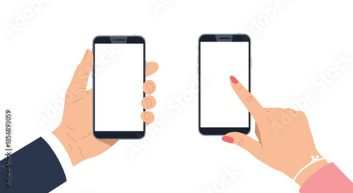 Pair of hands interacting with two modern smartphones featuring blank white screens for application interface or mobile website mockups.