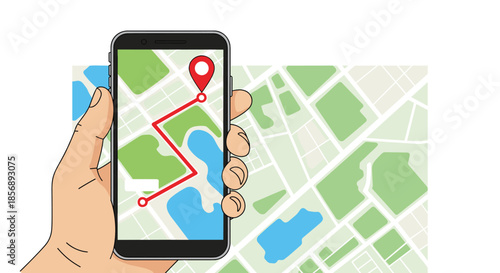 Hand holding a smartphone displaying a map application with a red pin and a navigation route for travel and orientation technology.