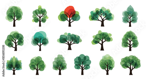 Grid of stylized green tree icons created with overlapping transparent shapes for a modern and artistic approach to environmental design.