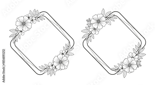 Pair of diamond shaped frames with detailed black line art floral arrangements on opposite corners for elegant invitations and cards.