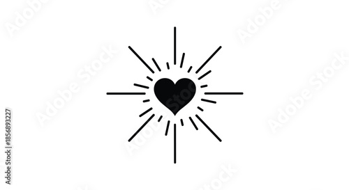 Simple black heart icon is centered within a starburst of thin radiating lines, representing a shining feeling of love or passion.