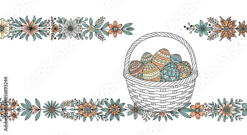 Intricately decorated easter eggs are piled inside a woven basket, framed by horizontal floral borders in a hand-drawn vintage style.