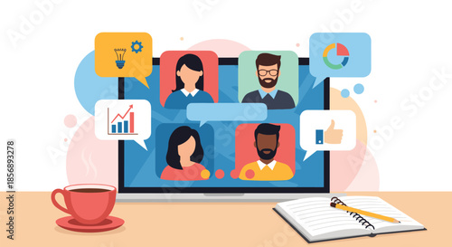 Video conference screen on a laptop displays a group of diverse professionals during a remote meeting with data and lightbulb icons.