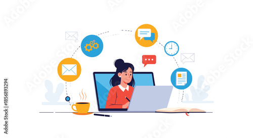 Professional woman works on her laptop at a desk surrounded by icons for email, settings, time, documents, and communication.