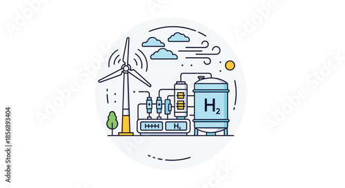 Circular infographic illustrates a hydrogen production facility powered by a wind turbine, symbolizing clean and renewable energy.