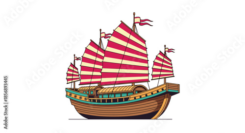 Detailed illustration of a traditional chinese junk ship with distinctive red and yellow striped sails on a white background.