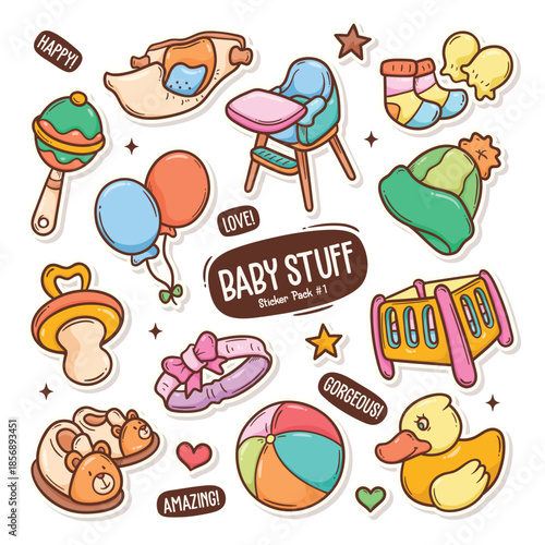 Colorful cartoon illustrations of assorted baby items and toys.