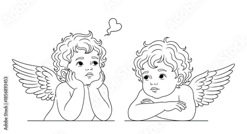Two adorable winged cupids or cherubs are shown in a thoughtful and charming hand-drawn sketch, ideal for romantic themes.