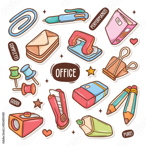 Colorful cartoon illustrations of assorted office supplies including pens and staplers.