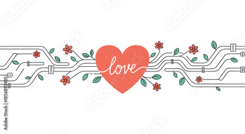 Large coral-colored heart with the word love is integrated into a creative circuit-like botanical border with flowers and leaves.