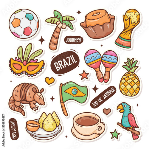 Vibrant collection of illustrated Brazilian cultural icons and symbols.