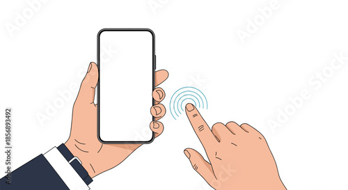 Close-up of a person's hands holding a smartphone and touching the screen, showcasing a white display for app or website placement.