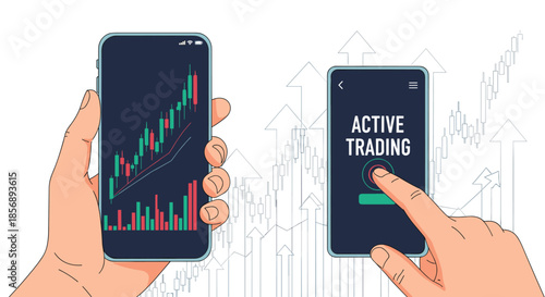 Hands holding smartphones displaying active trading applications with financial candlestick charts and upward growth arrows on the background.