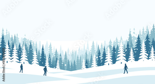 Winter landscape with people walking through a snowy pine forest under a clear sky representing outdoor activities and seasonal beauty.