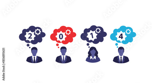 Business people silhouettes with thought clouds containing gears and numbers representing 2014 planning, innovation, and strategic thinking.