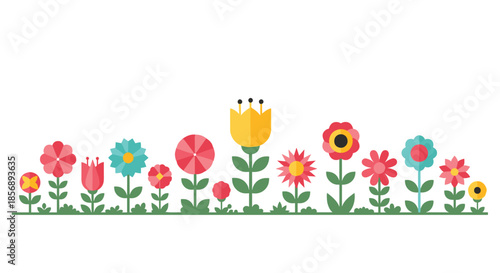 Vibrant row of various flat design flowers blooming in a meadow garden against a clean white background for nature themes.