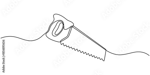Saw tool. One line continuous saw. Line art, outline, single line silhouette. Hand drawn vector illustration.